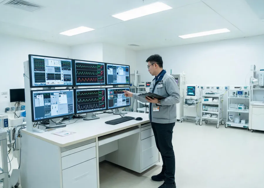 Field service engineer verifying a patient monitoring central station